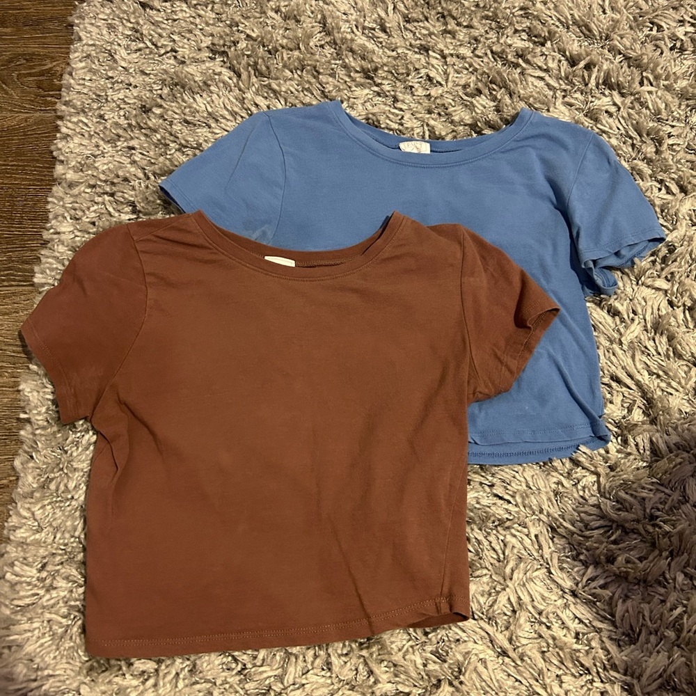 2pc Full Tilt Cropped T-Shirts Brown + Blue Size L